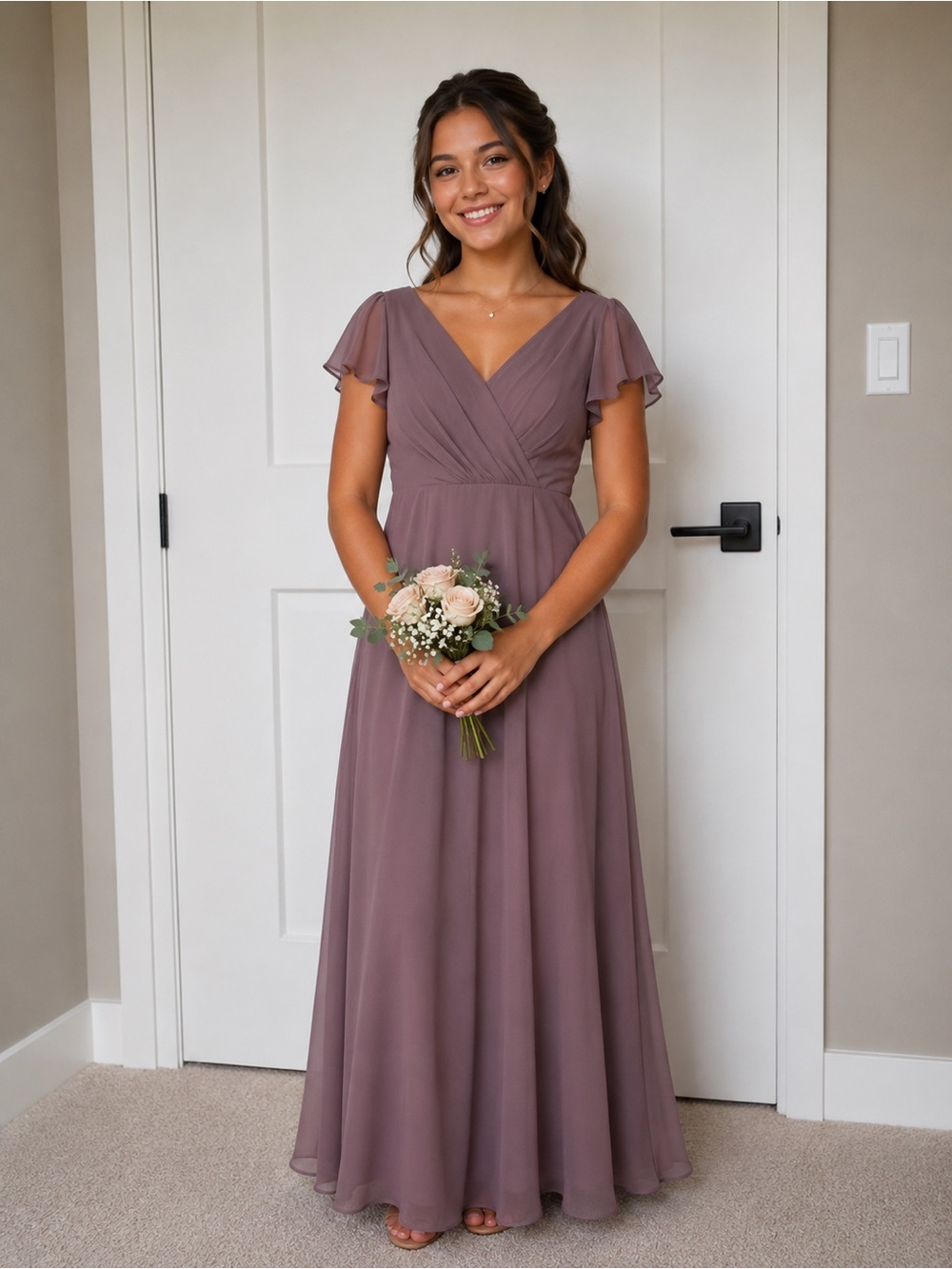Quartz Mauve V-Neck Flutter Sleeve Dress. Junior Bridesmaid Flower girl.